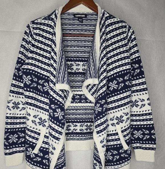Lands' End Sweaters - Lands' End Fair Isle Sweater Open Cardigan Navy Ivory Nordic Print Cabincore M